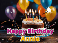 Happy Birthday Annie GIF: A birthday cake with flickering candles gif with text reading Happy Birthday and a Name slot to customize