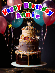 Happy Birthday Annie GIF: Beautiful birthday cake animated gif, a celebration of balloons, confetti, and sparklers. Customize banner and name.