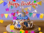 Happy Birthday Annie GIF: Happy Birthday Cake GIF with a cat, lamb, and squirrel on the cake with flickering candles, a sparkler, and falling confetti. Reads Happy Birthday Name and you can customize the name