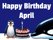 Happy Birthday April GIF: A penguin slaps a killer whale that tries to eat your birthday cake. Animated GIF reads Happy Birthday Customize the name.