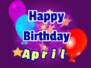 Happy Birthday April GIF: A lovely purple birthday gif animated with moving text, a balloon, and bubbles. Customize it.