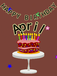 Happy Birthday April GIF: Animated birthday gif of a chocolate cartoon cake and stars. Animated text can be customized with name.