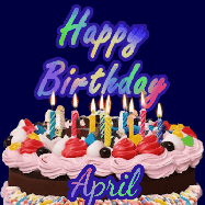 Happy Birthday April GIF: A dark blue birthday gif with a beautiful cake with flickering candles, background sparkles and a name to customize.