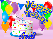 Happy Birthday April GIF: Cute kitty wishes a happy birthday name with a cupcake on its head. Customize the mesage, name, fonts, and colors.