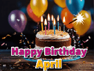 Happy Birthday April GIF: A birthday cake with flickering candles gif with text reading Happy Birthday and a Name slot to customize