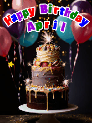 Happy Birthday April GIF: Beautiful birthday cake animated gif, a celebration of balloons, confetti, and sparklers. Customize banner and name.