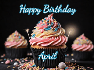 Happy Birthday April GIF: A delicious cupcake gif with animated sparkles reading Happy Birthday with a name to customize