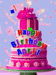 Happy Birthday April GIF: A big beautiful birthday cake gif with falling confetti, sparklers, and balloons, reads Happy Birthday Name. Customize it.