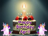 Happy Birthday April GIF: An animated gif with 2 unicorns and a birthday candle on a cake.