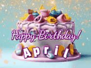 Happy Birthday April GIF: A beautiful birthday cake gif with animated sparkles and glitter Happy Birthday Name you can customize