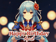 Happy Birthday April GIF: Anime girl holding a birthday cake and an animated sword falls into it. Text reads Happy Birthday Customize