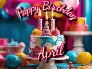 Happy Birthday April GIF: Animated birthday gif with a beautiful colorful birthday can and sparkles in the air. It reads Happy Birthday Customize.