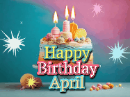 Happy Birthday April GIF: A colorful animated Happy Birthday Cake GIF with swirling sparkles and flickering candles. It reads Happy Birthday Name