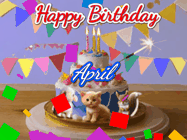 Happy Birthday April GIF: Happy Birthday Cake GIF with a cat, lamb, and squirrel on the cake with flickering candles, a sparkler, and falling confetti. Reads Happy Birthday Name and you can customize the name