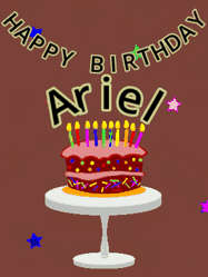 Happy Birthday Ariel GIF: Animated birthday gif of a chocolate cartoon cake and stars. Animated text can be customized with name.