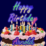 Happy Birthday Arnold GIF: A dark blue birthday gif with a beautiful cake with flickering candles, background sparkles and a name to customize.