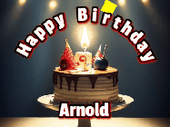 Happy Birthday Arnold GIF: Animated happy birthday gif with a cake and flickering candles with colorful falling confetti and text reading Happy Birthday