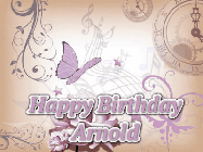 Happy Birthday Arnold GIF: Classical birthday gif background with colorful musical notes floating past and a name you can customize, reads Happy Birthday.
