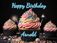 Happy Birthday Arnold GIF: A delicious cupcake gif with animated sparkles reading Happy Birthday with a name to customize