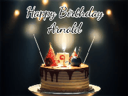 Happy Birthday Arnold GIF: Animated birthday cake gif with sparklers on a dark background. Personalize up to 3 lines of text.