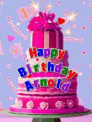 Happy Birthday Arnold GIF: A big beautiful birthday cake gif with falling confetti, sparklers, and balloons, reads Happy Birthday Name. Customize it.