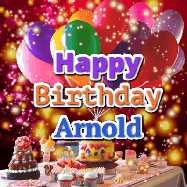 Happy Birthday Arnold GIF: Animated happy birthday gif on a bright red glittery background and 3 lines of text reading Happy Birthday Customize