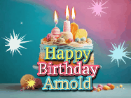 Happy Birthday Arnold GIF: A colorful animated Happy Birthday Cake GIF with swirling sparkles and flickering candles. It reads Happy Birthday Name