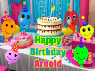 Happy Birthday Arnold GIF: A birthday animated gif with a party room in the background and cute balloons, cake, and name to customize.