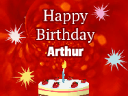Happy Birthday Arthur GIF: A bright red happy birthday gif animated with a cake candle, and glitter and sparkles. Customize with name.