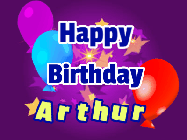 Happy Birthday Arthur GIF: A lovely purple birthday gif animated with moving text, a balloon, and bubbles. Customize it.