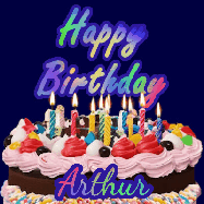 Happy Birthday Arthur GIF: A dark blue birthday gif with a beautiful cake with flickering candles, background sparkles and a name to customize.