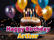 Happy Birthday Arthur GIF: A birthday cake with flickering candles gif with text reading Happy Birthday and a Name slot to customize