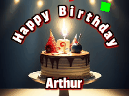 Happy Birthday Arthur GIF: Animated happy birthday gif with a cake and flickering candles with colorful falling confetti and text reading Happy Birthday