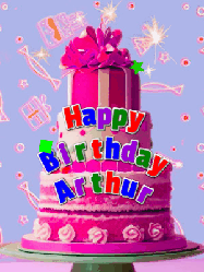 Happy Birthday Arthur GIF: A big beautiful birthday cake gif with falling confetti, sparklers, and balloons, reads Happy Birthday Name. Customize it.