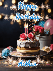 Happy Birthday Arthur GIF: Sparkles and glitter happy birthday gif with a cake and flickering candles and sparklers behind the words happy birthday customize