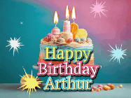 Happy Birthday Arthur GIF: A colorful animated Happy Birthday Cake GIF with swirling sparkles and flickering candles. It reads Happy Birthday Name