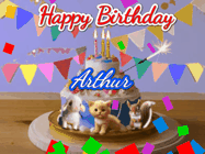 Happy Birthday Arthur GIF: Happy Birthday Cake GIF with a cat, lamb, and squirrel on the cake with flickering candles, a sparkler, and falling confetti. Reads Happy Birthday Name and you can customize the name