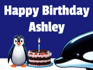 Happy Birthday Ashley GIF: A penguin slaps a killer whale that tries to eat your birthday cake. Animated GIF reads Happy Birthday Customize the name.