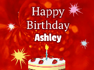 Happy Birthday Ashley GIF: A bright red happy birthday gif animated with a cake candle, and glitter and sparkles. Customize with name.