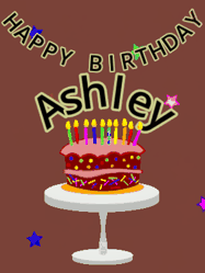 Happy Birthday Ashley GIF: Animated birthday gif of a chocolate cartoon cake and stars. Animated text can be customized with name.
