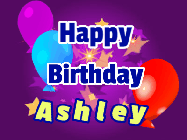 Happy Birthday Ashley GIF: A lovely purple birthday gif animated with moving text, a balloon, and bubbles. Customize it.