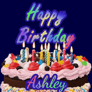 Happy Birthday Ashley GIF: A dark blue birthday gif with a beautiful cake with flickering candles, background sparkles and a name to customize.
