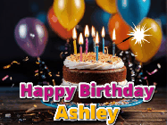 Happy Birthday Ashley GIF: A birthday cake with flickering candles gif with text reading Happy Birthday and a Name slot to customize