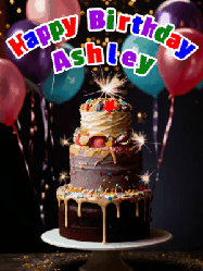 Happy Birthday Ashley GIF: Beautiful birthday cake animated gif, a celebration of balloons, confetti, and sparklers. Customize banner and name.