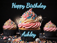 Happy Birthday Ashley GIF: A delicious cupcake gif with animated sparkles reading Happy Birthday with a name to customize