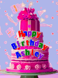Happy Birthday Ashley GIF: A big beautiful birthday cake gif with falling confetti, sparklers, and balloons, reads Happy Birthday Name. Customize it.