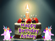 Happy Birthday Ashley GIF: An animated gif with 2 unicorns and a birthday candle on a cake.