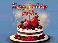 Happy Birthday Ashley GIF: Animated GIF of a birthday cake covered in berries with 2 sparklers and a candle, reads Happy Birthday Name. Customize it.