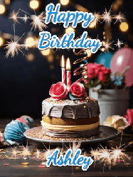 Happy Birthday Ashley GIF: Sparkles and glitter happy birthday gif with a cake and flickering candles and sparklers behind the words happy birthday customize