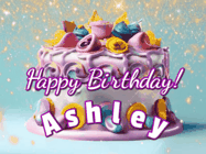 Happy Birthday Ashley GIF: A beautiful birthday cake gif with animated sparkles and glitter Happy Birthday Name you can customize